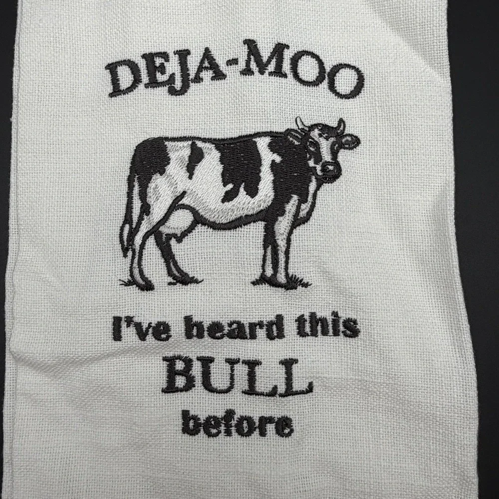Cracker Barrel Farmhouse Cow Embroidered Kitchen Tea Towel Deja Moo Humor Decor